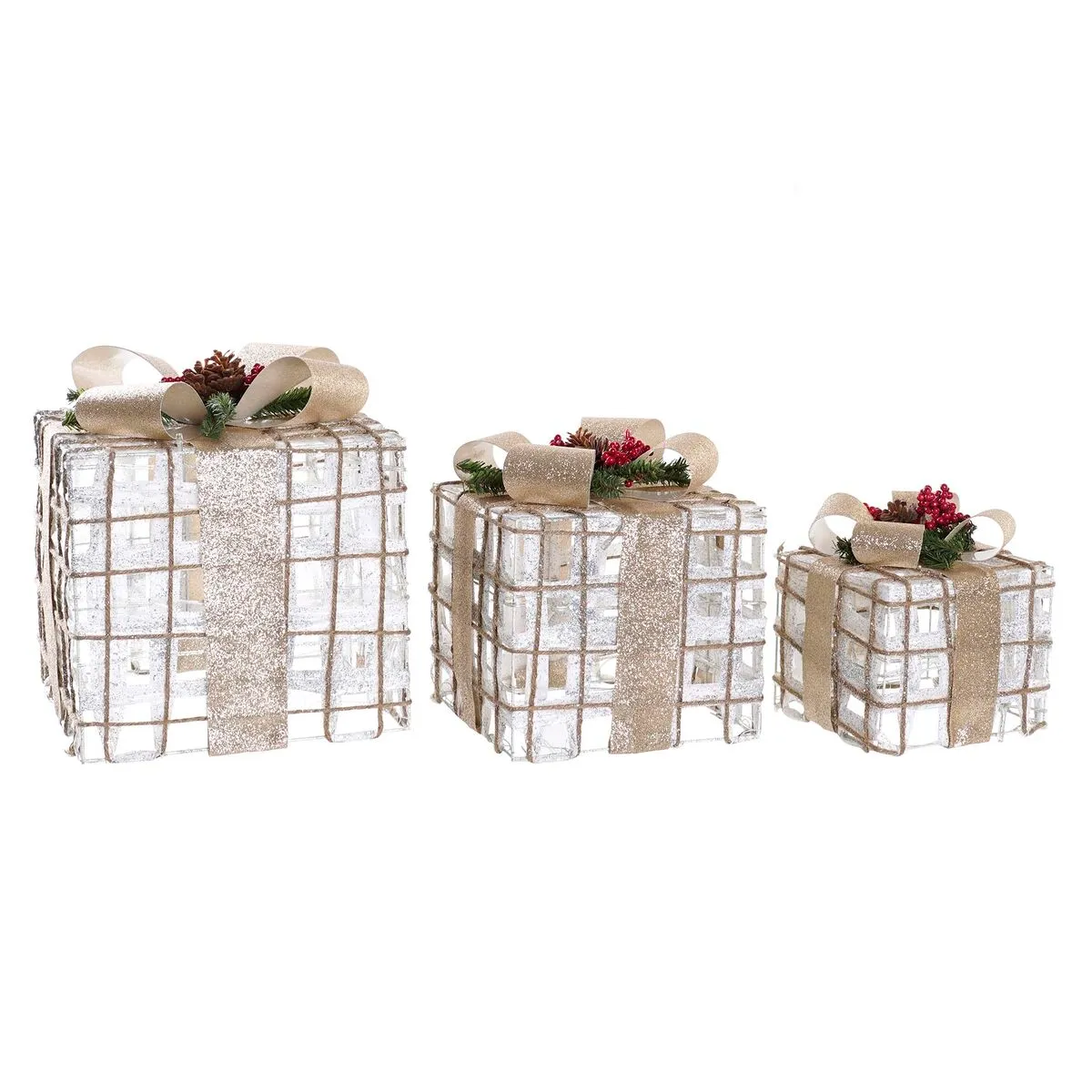 Set di Scatole Decorative DKD Home Decor LED Bianco Dorato Rosso Verde 25 x 25 x 28 cm (3 Pezzi)