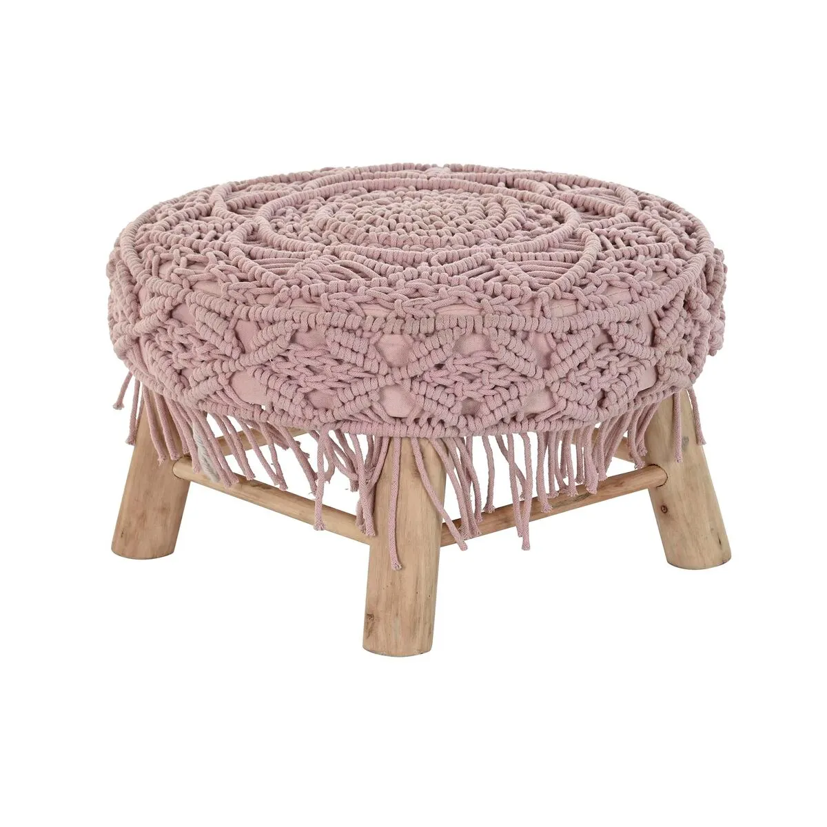 Poggiapiedi DKD Home Decor 48 x 48 x 30 cm Naturale Legno Marrone Rosa chiaro Macramé Boho