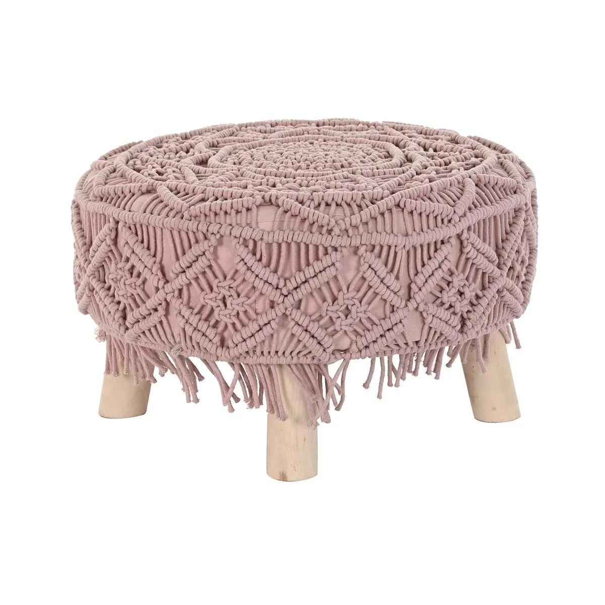 Poggiapiedi DKD Home Decor Naturale Rosa chiaro Legno Boho Macramé 53 x 53 x 31 cm