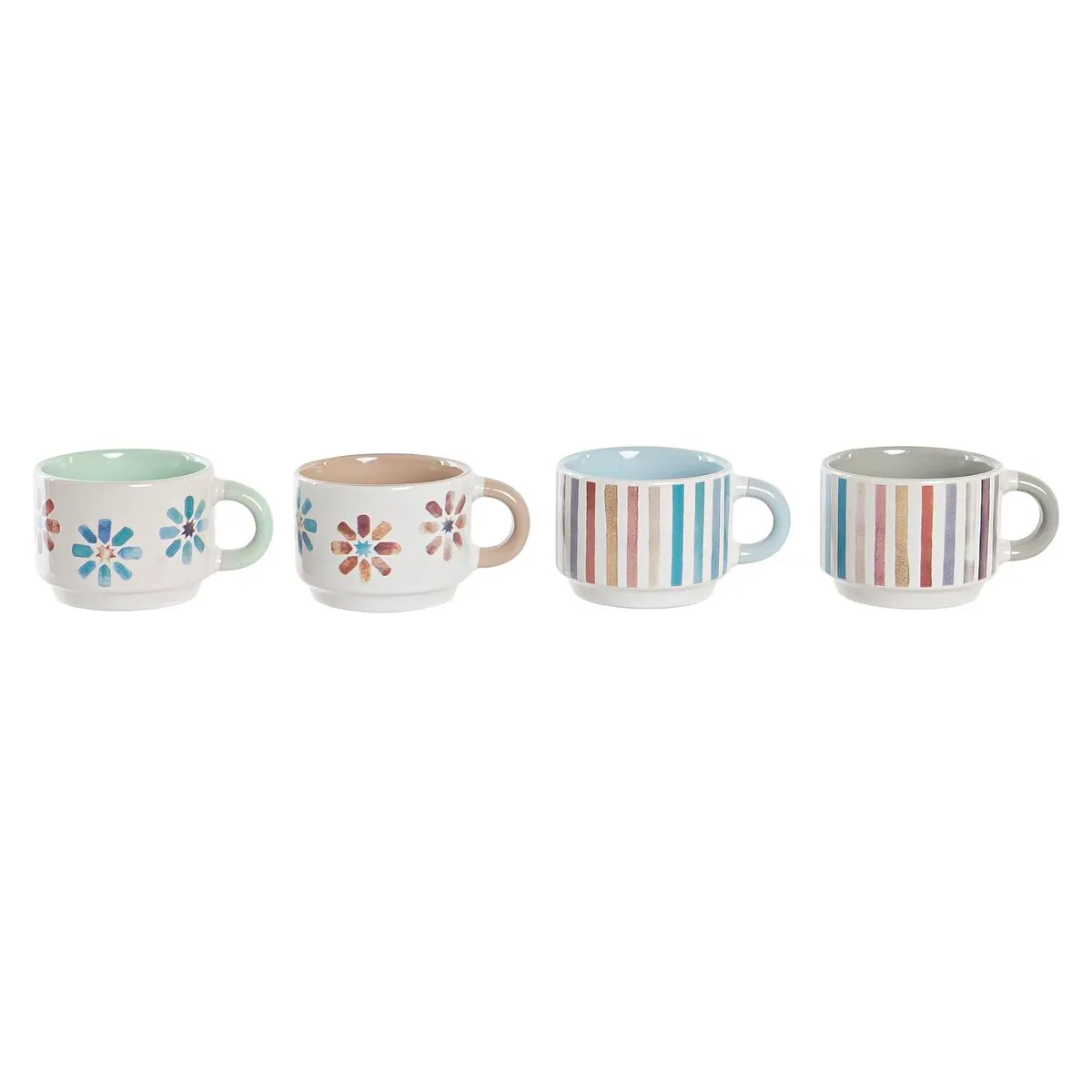 Set di Tazze da Caffè DKD Home Decor Righe Fiori Metallo Gres 150 ml 4 Pezzi