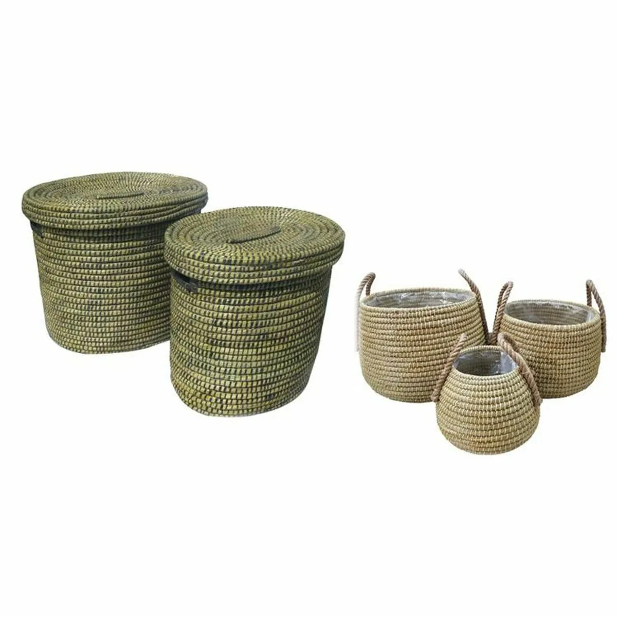 Set di Cestini DKD Home Decor Con coperchio 55 x 55 x 50 cm 58 x 46 x 50 cm Naturale Nero Bianco Boho