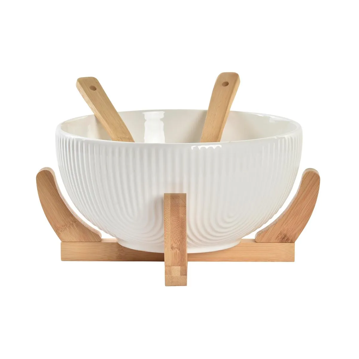 Insalatiera DKD Home Decor Bianco Naturale Bambù Porcellana 3 Pezzi 27 x 29 x 14 cm