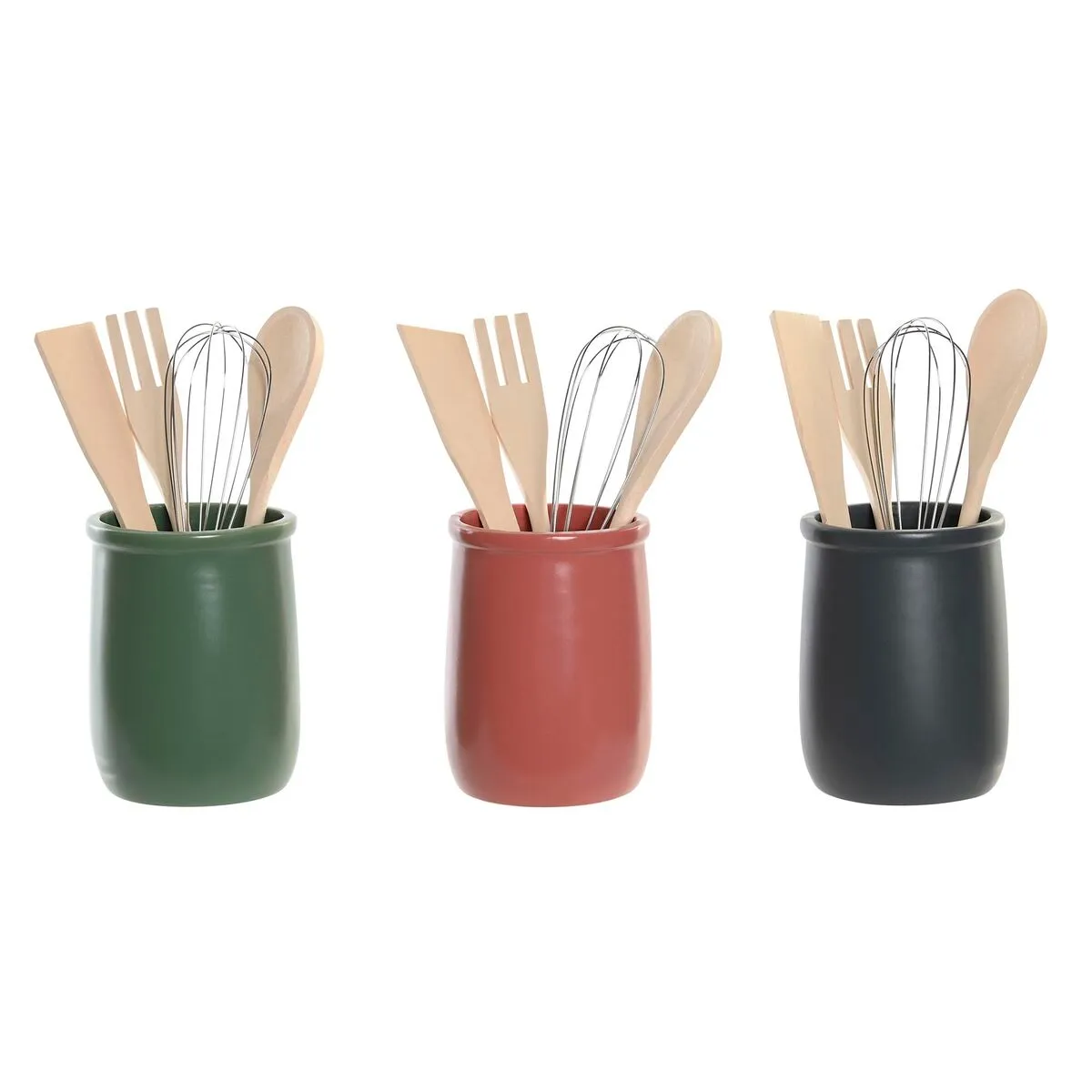 Set di Utensili da Cucina DKD Home Decor Legno d'albero della gomma Gres 3 Pezzi 10 x 10 x 14 cm (5 Unità)