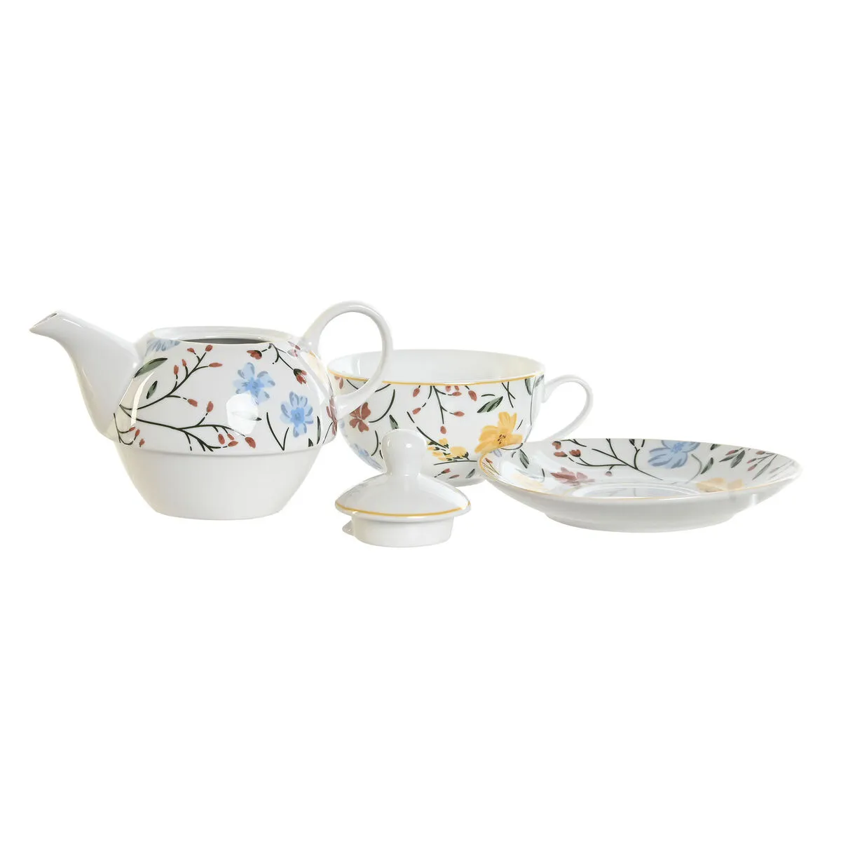 Set Teiera DKD Home Decor Porcellana Azzurro Terracotta Bianco Giallo (3 Unità)