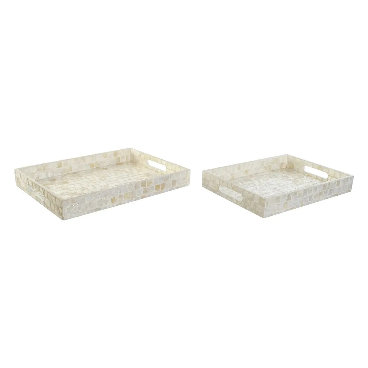 Set di Vassoi DKD Home Decor Bianco Madreperla Bambù 40 x 30 x 5 cm Mediterraneo (2 Unità)