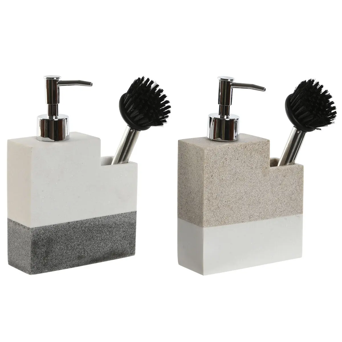 Spazzolino Spugna con Manico e Dispenser per Sapone Home ESPRIT Bianco Beige Grigio 11 x 9,3 x 16,6 cm (2 Unità)