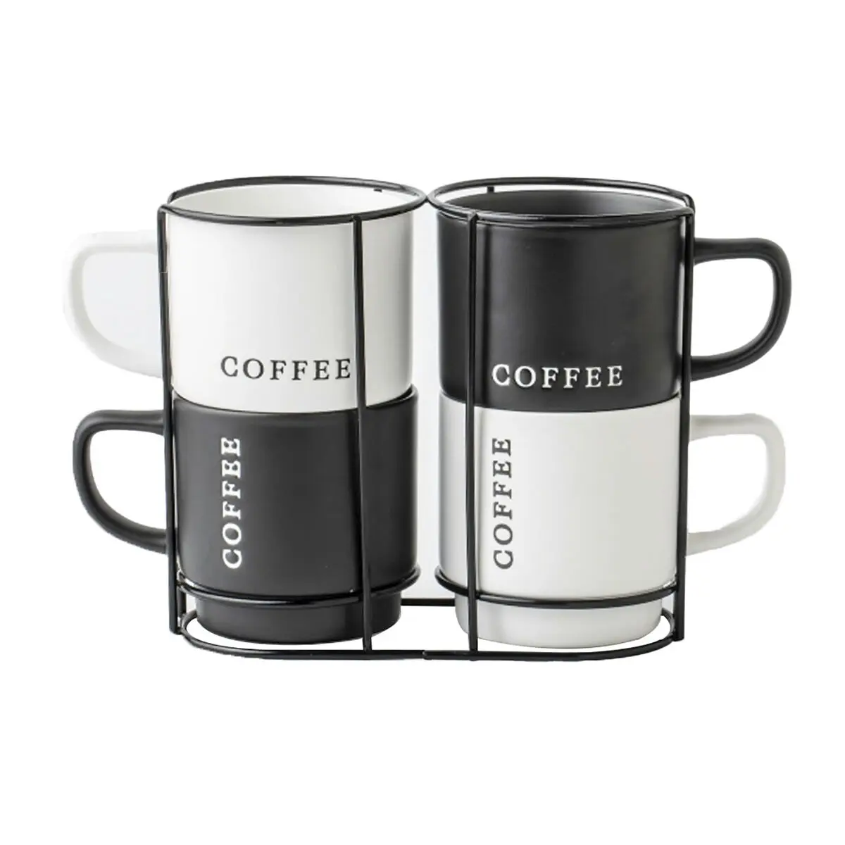 Set di 4 Tazze Mug Home ESPRIT Bianco Nero Metallo Porcellana 380 ml