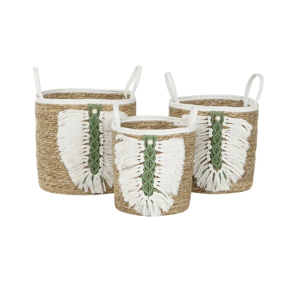 Set di Cestini Home ESPRIT Bianco Verde Naturale Fibra naturale Tropicale 39 x 39 x 47 cm (3 Pezzi)