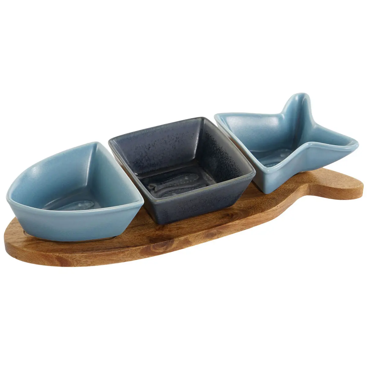 Set da Aperitivo Home ESPRIT Azzurro Blu Marino Porcellana Acacia Pesce Mediterraneo 28 x 9,7 x 1,3 cm 4 Pezzi