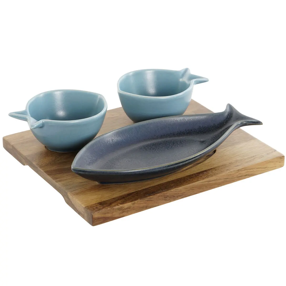 Set da Aperitivo Home ESPRIT Azzurro Blu cielo Porcellana Acacia Mediterraneo Pesci 19,5 x 16,5 x 1,3 cm 4 Pezzi