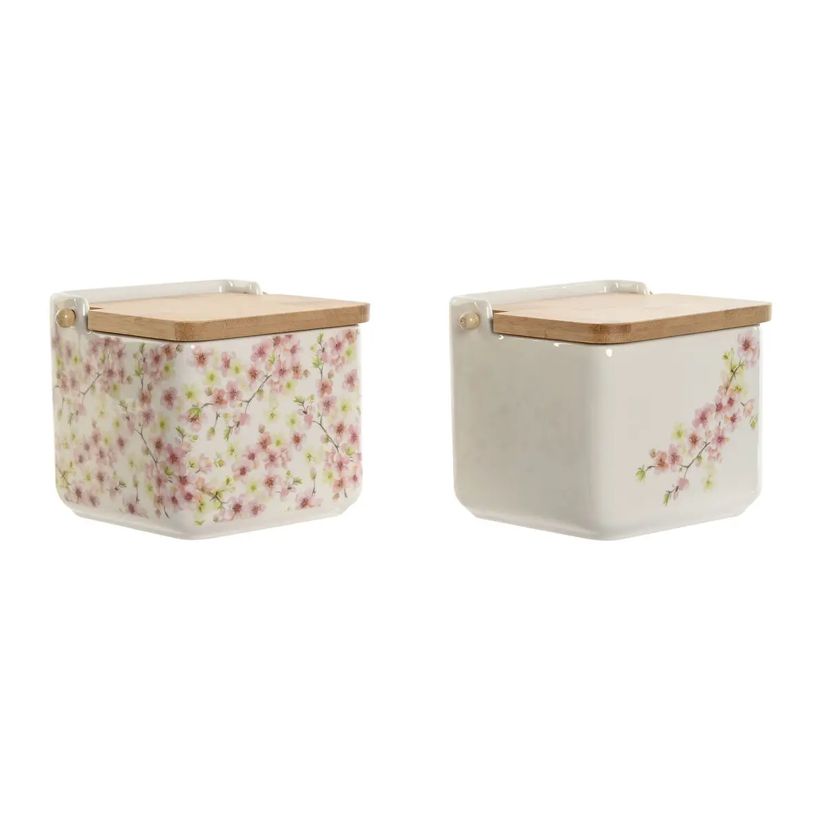 Portasale con Coperchio Home ESPRIT Bianco Rosa Lilla Bambù 750 ml 14 x 12,5 x 12 cm (2 Unità)