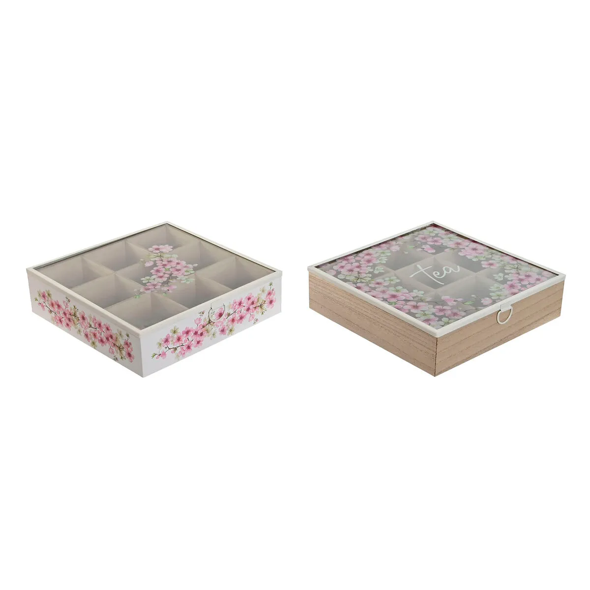 Scatola per Infusioni Home ESPRIT Bianco Rosa Metallo Cristallo Legno MDF 24 x 24 x 6,5 cm (2 Unità)