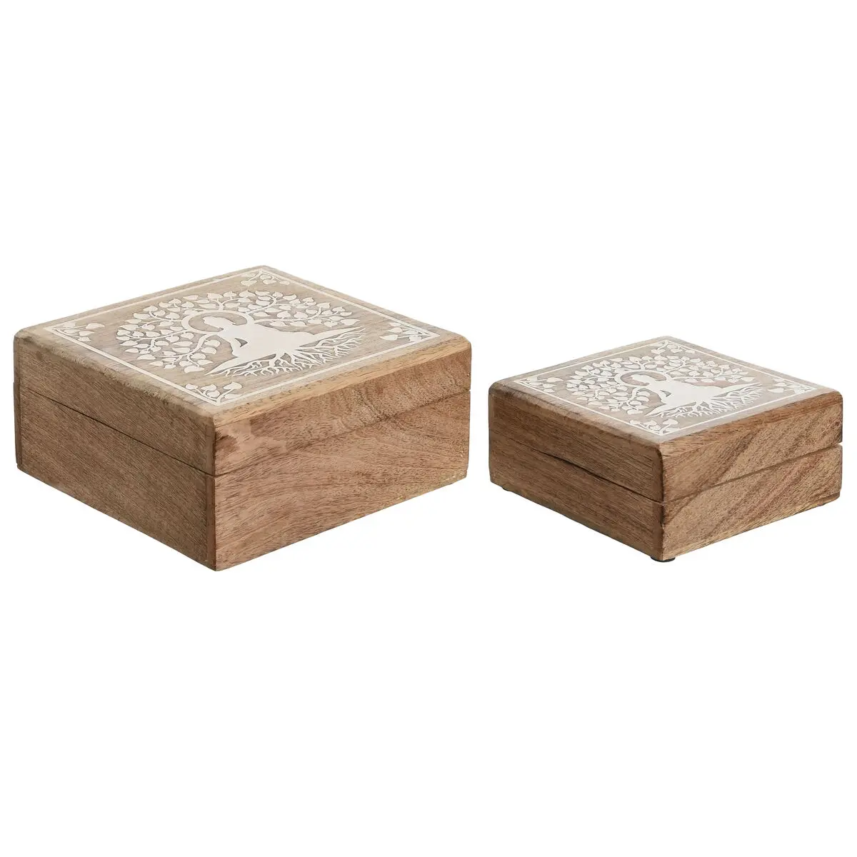 Scatola-Portagioie Home ESPRIT Bianco Naturale Legno di mango 18 x 18 x 9 cm (2 Pezzi)