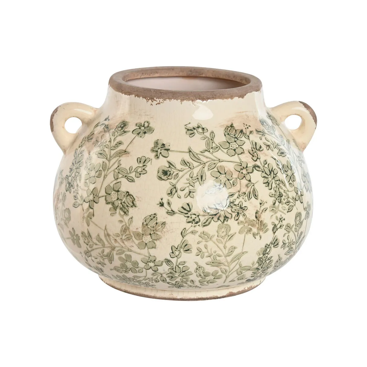 Vaso Home ESPRIT Bianco Marrone Verde Gres Foglia della pianta 21 x 20 x 16 cm