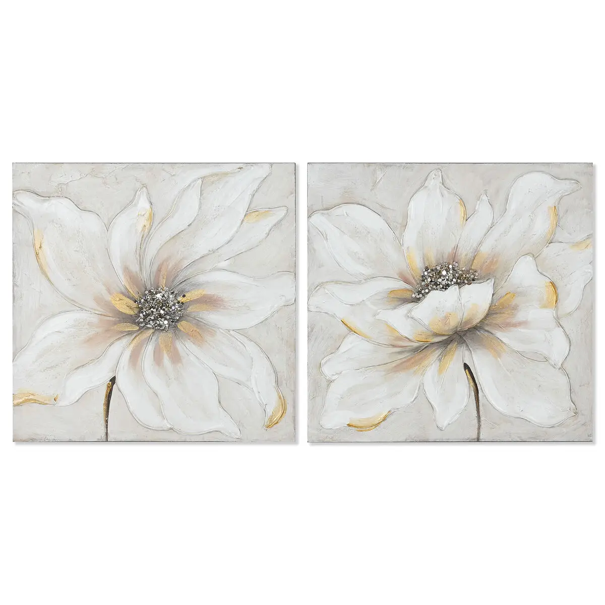 Quadro Home ESPRIT Bianco Beige Tela Legno MDF Fiore Romantico 50 x 2,5 x 50 cm (2 Unità)