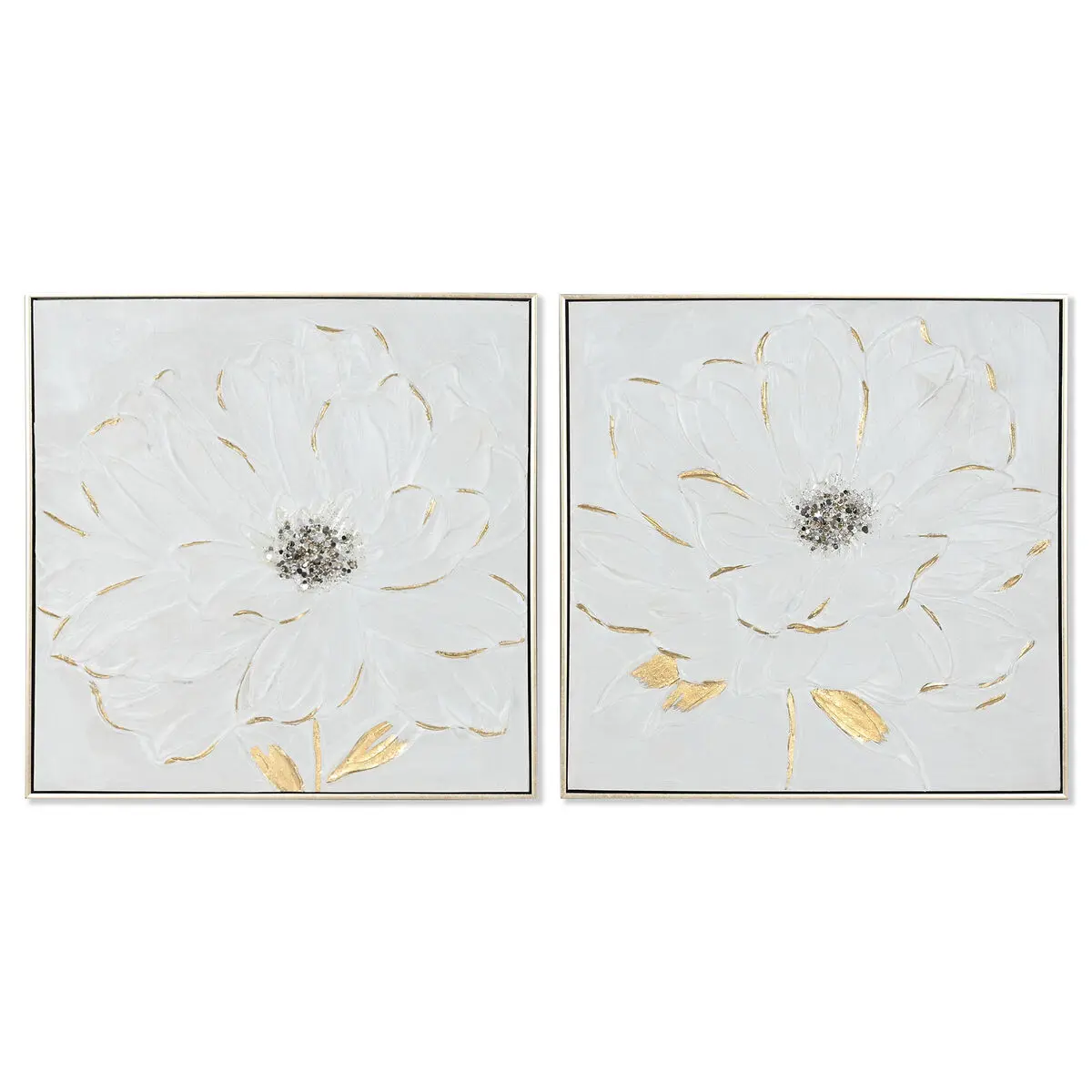 Quadro Home ESPRIT Bianco Dorato polistirene Tela Fiore Shabby Chic 62 x 4,5 x 62 cm (2 Unità)