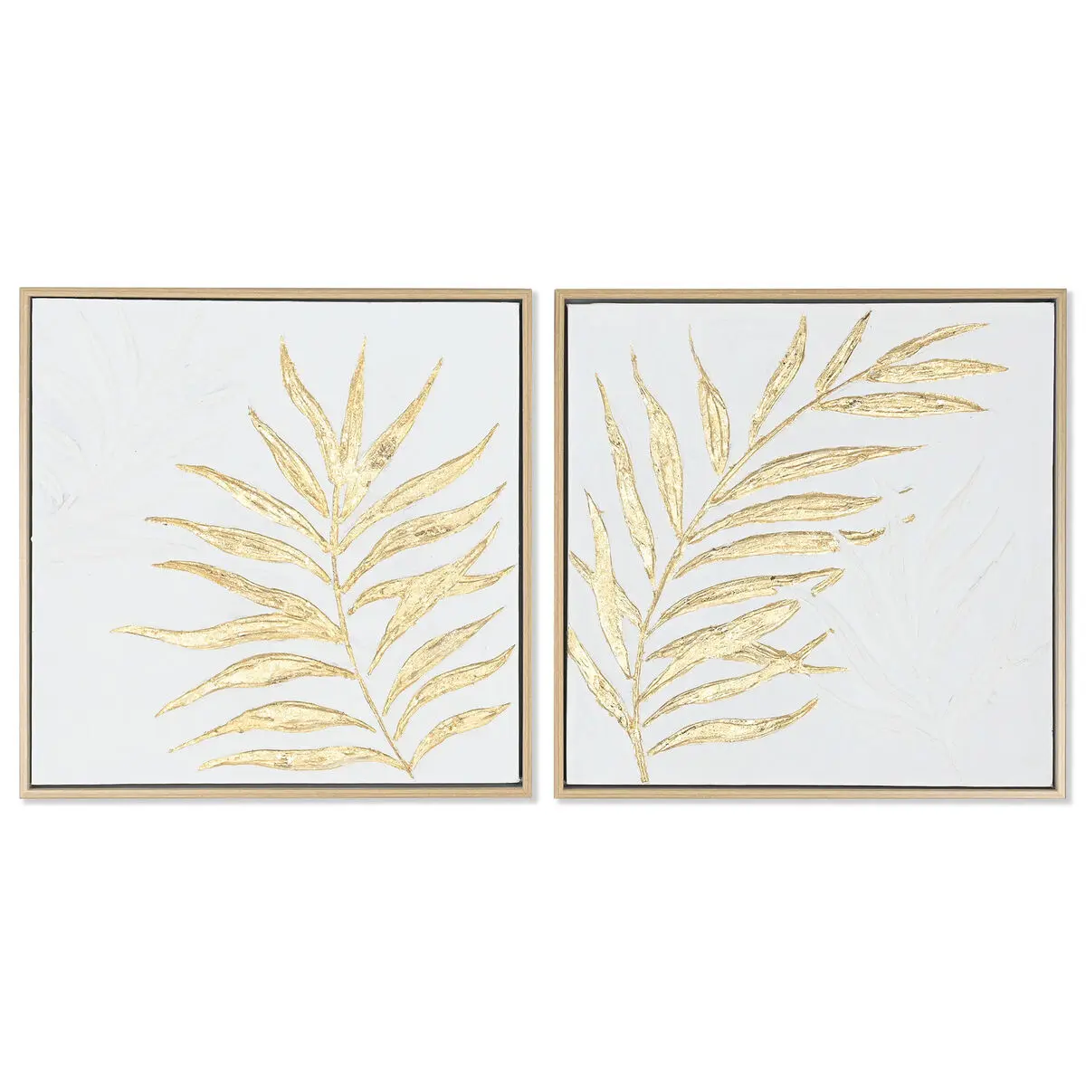 Quadro Home ESPRIT Bianco Dorato Tela Legno MDF Moderno Foglia della pianta 42 x 4 x 42 cm (2 Unità)