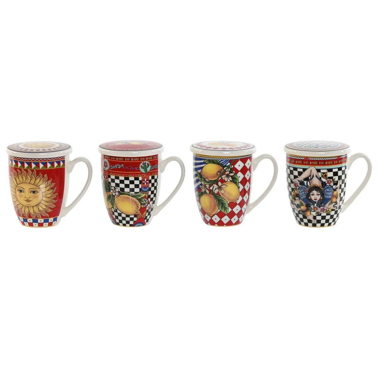 Set di 4 Tazze Mug Home ESPRIT Giallo Rosso Moderno Limone 380 ml (4 Unità)