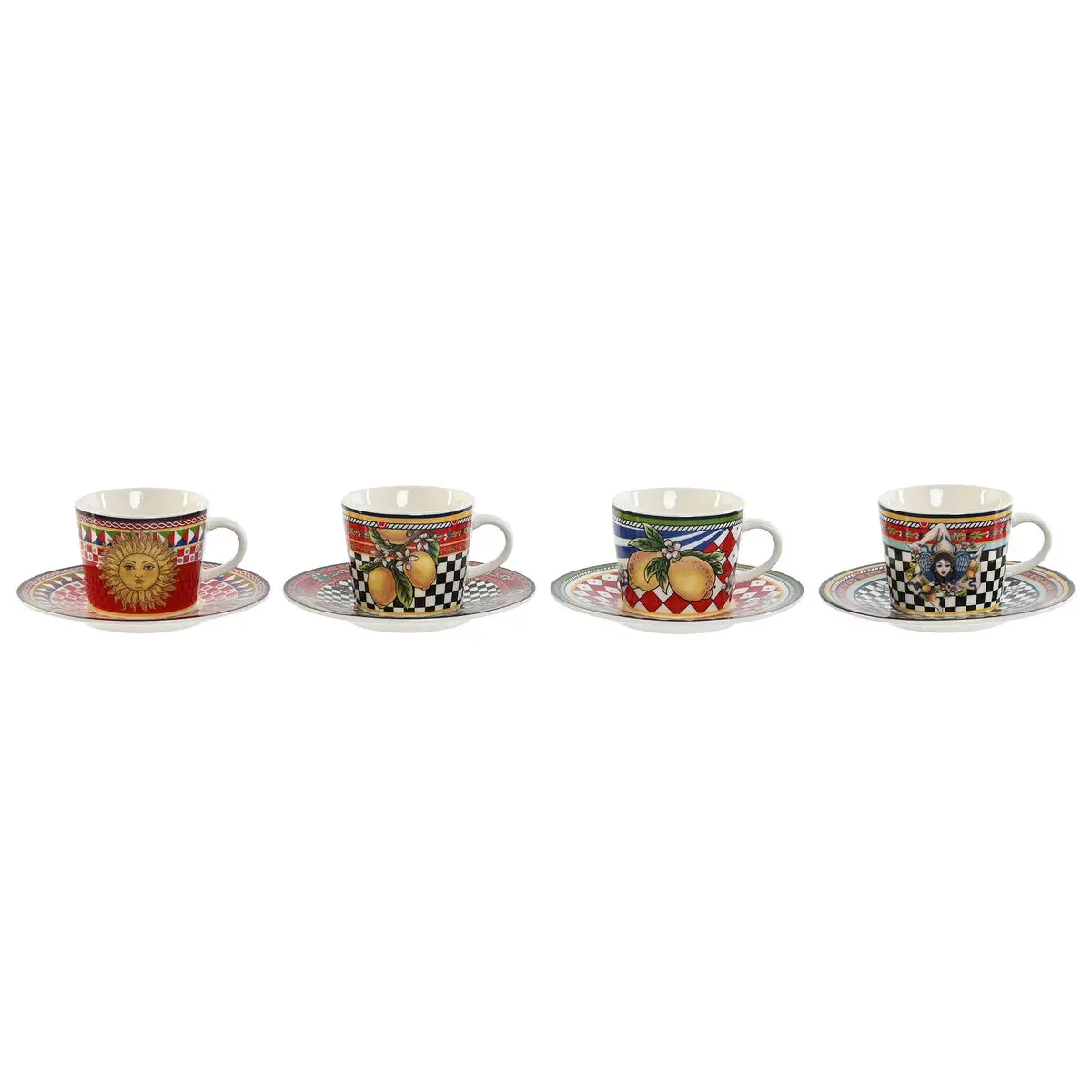 Set di Tazze e Piatti Home ESPRIT Giallo Rosso Porcellana 12,5 x 12,5 x 1,5 cm (4 Unità)