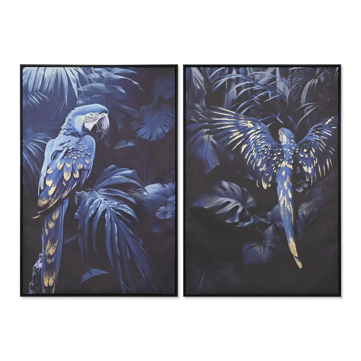 Quadro Home ESPRIT Azzurro Nero Dorato Pappagallo Tropicale 83 x 4 x 123 cm (2 Unità)