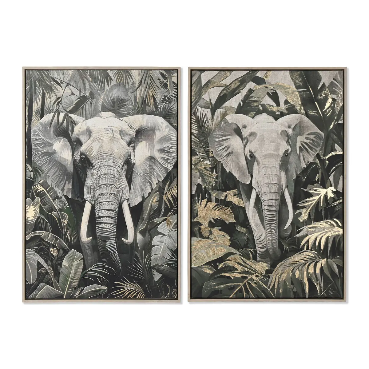 Quadro Home ESPRIT Verde Grigio Elefante Coloniale Dorato 63 x 4,5 x 93 cm (2 Unità)