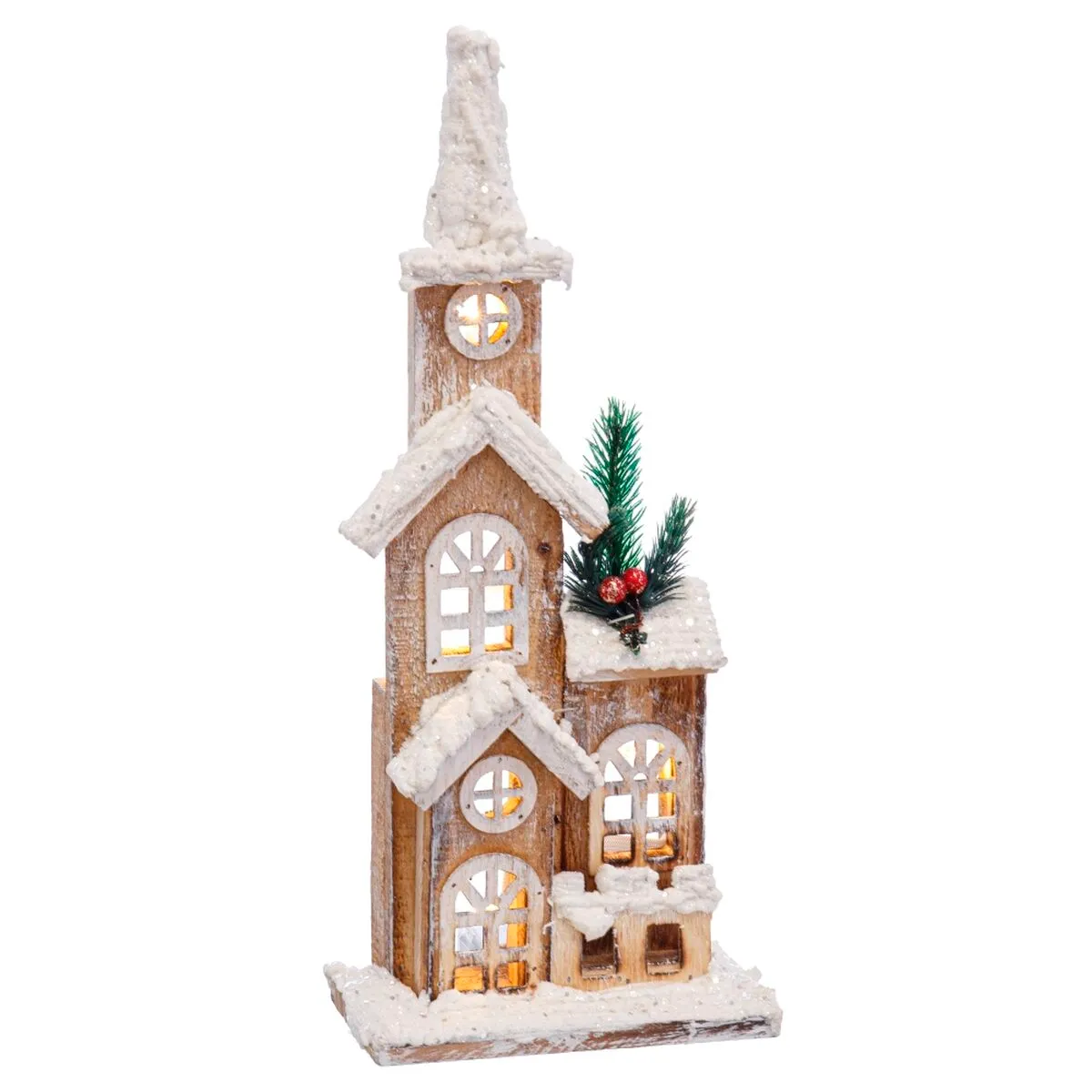 Decorazione Natalizia Bianco Naturale Legno Nevoso Chiesa 16 x 8 x 38 cm