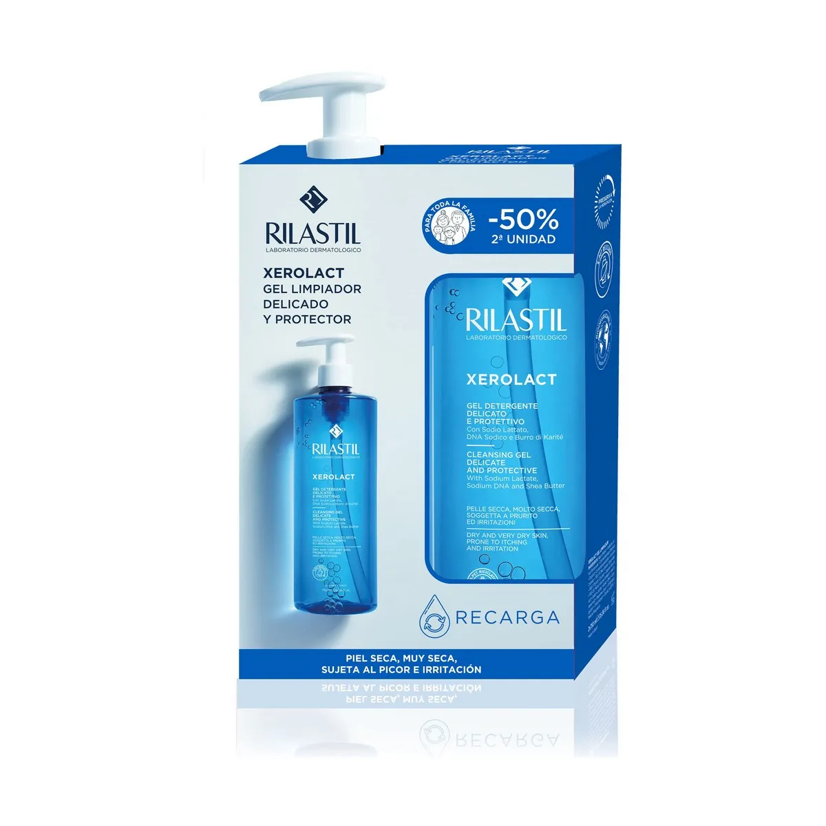 Gel Detergente Viso Rilastil Xerolact Gel Limpiador Delicado Y Protector Lote Protettore 2 Pezzi 750 ml