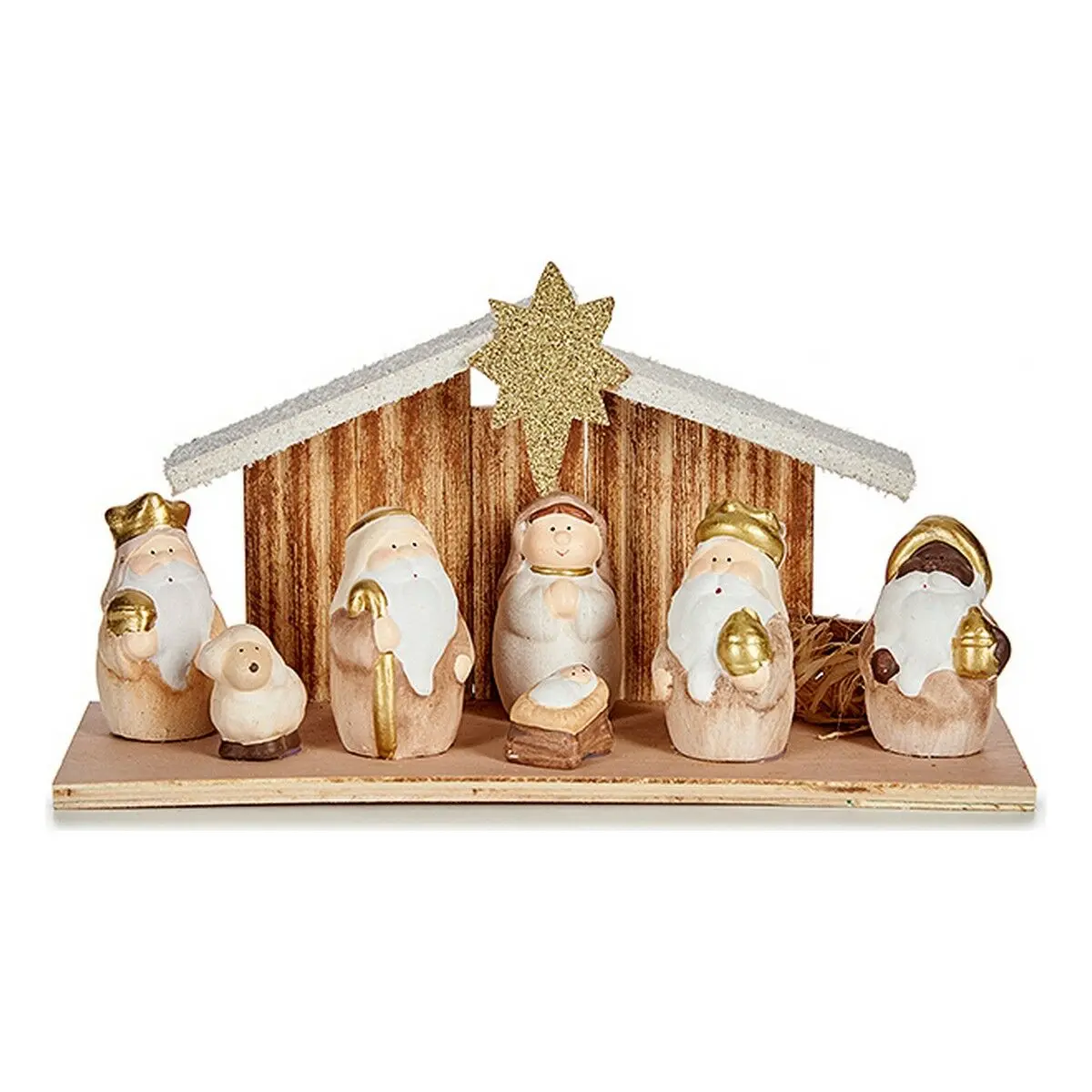 Presepe di Natale Luce LED 11 x 15,5 x 30 cm Ceramica Dorato Legno Marrone Bianco