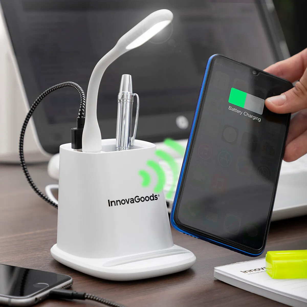 Caricabatterie Wireless con Supporto-Portaoggetti e Lampada a LED USB 5 in 1 DesKing InnovaGoods