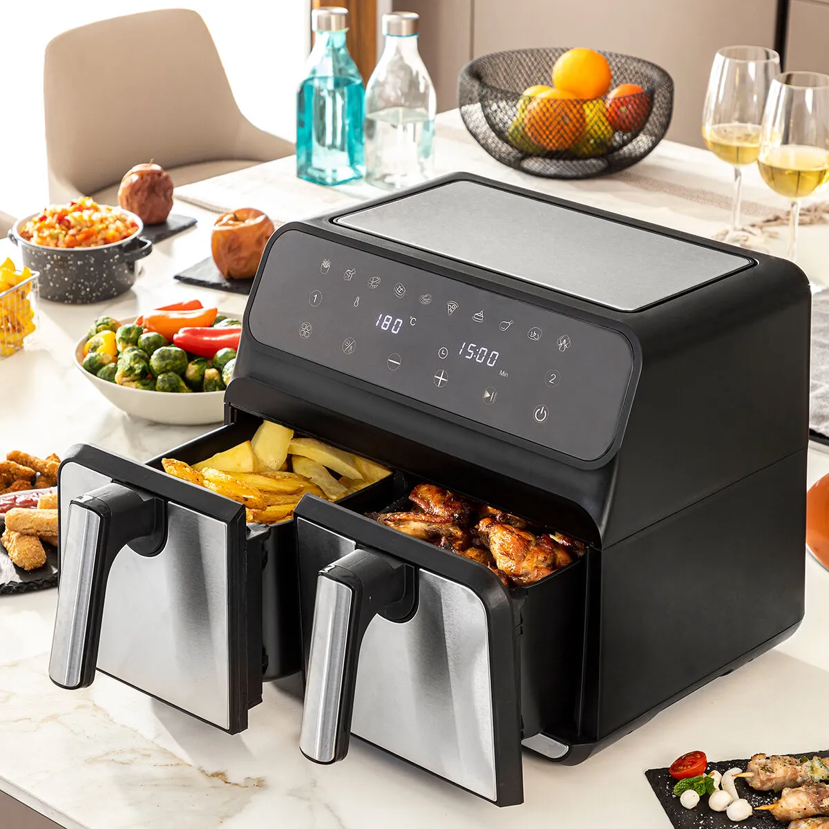 Friggitrice senza Olio InnovaGoods Fryinn Double 8000 Nero Acciaio inossidabile 3400 W 8 L