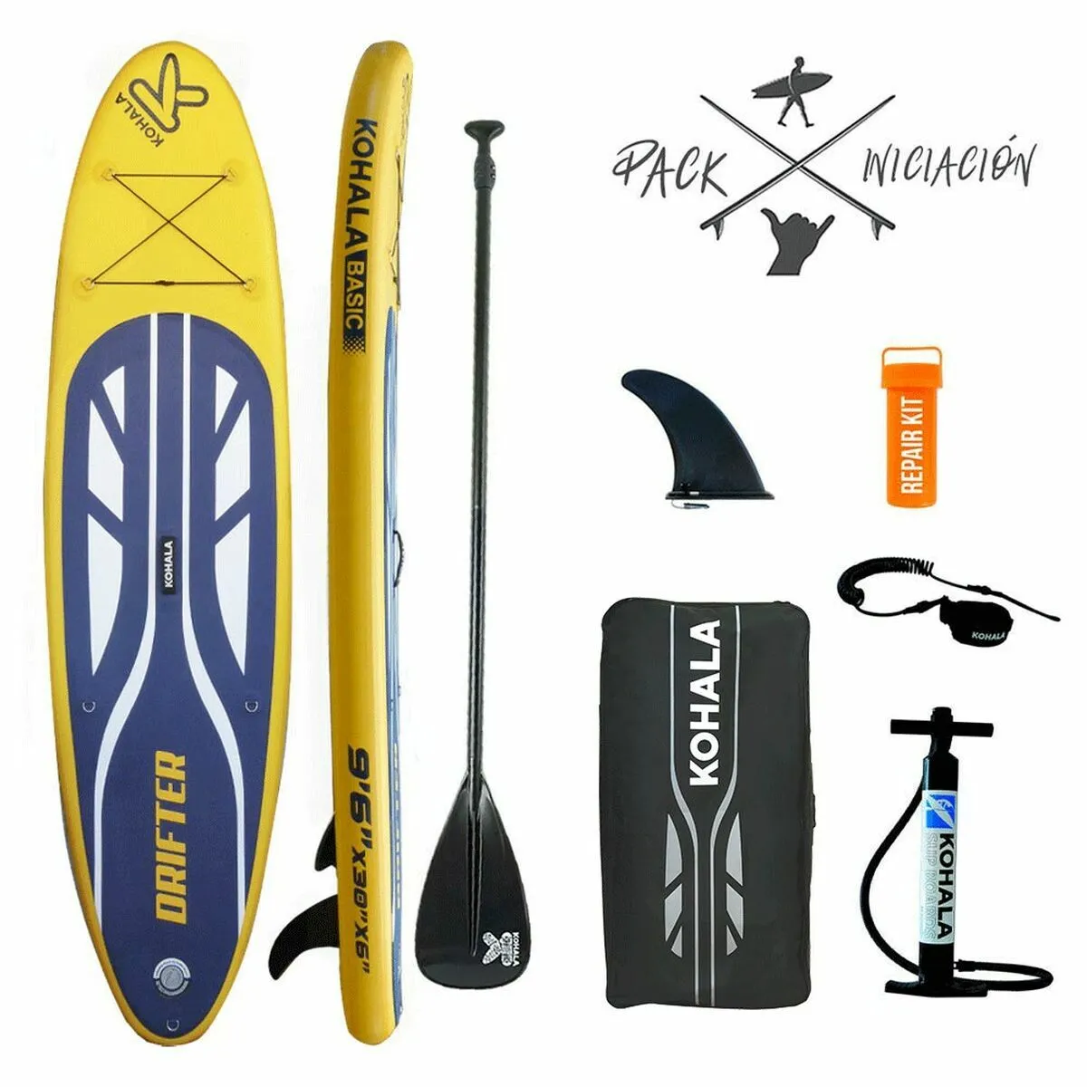 Tavola da Paddle Surf Gonfiabile con Accessori Kohala Drifter Giallo (290 x 75 x 15 cm)