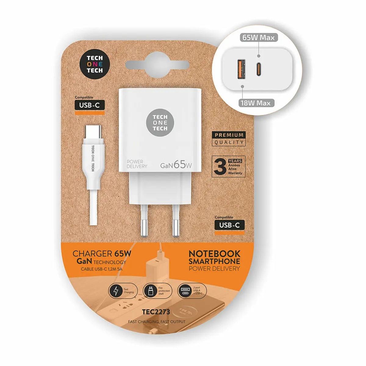 Caricabatterie da Parete + Cavo USB-C Tech One Tech TEC2273