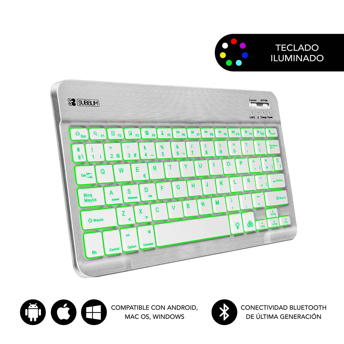 Tastiera Bluetooth con Supporto per Tablet Subblim SUB-KBT-SMBL30 Qwerty in Spagnolo Nero/Bianco Multicolore Spagnolo