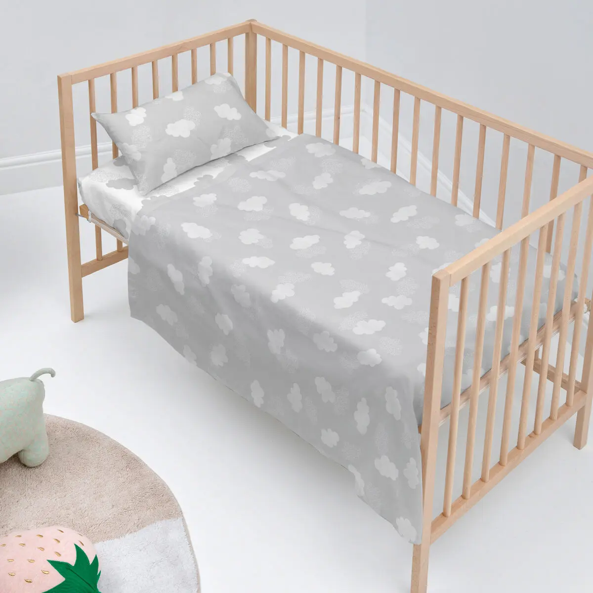 Set di Lenzuola HappyFriday Basic Kids Clouds Grigio Culla Neonato 2 Pezzi