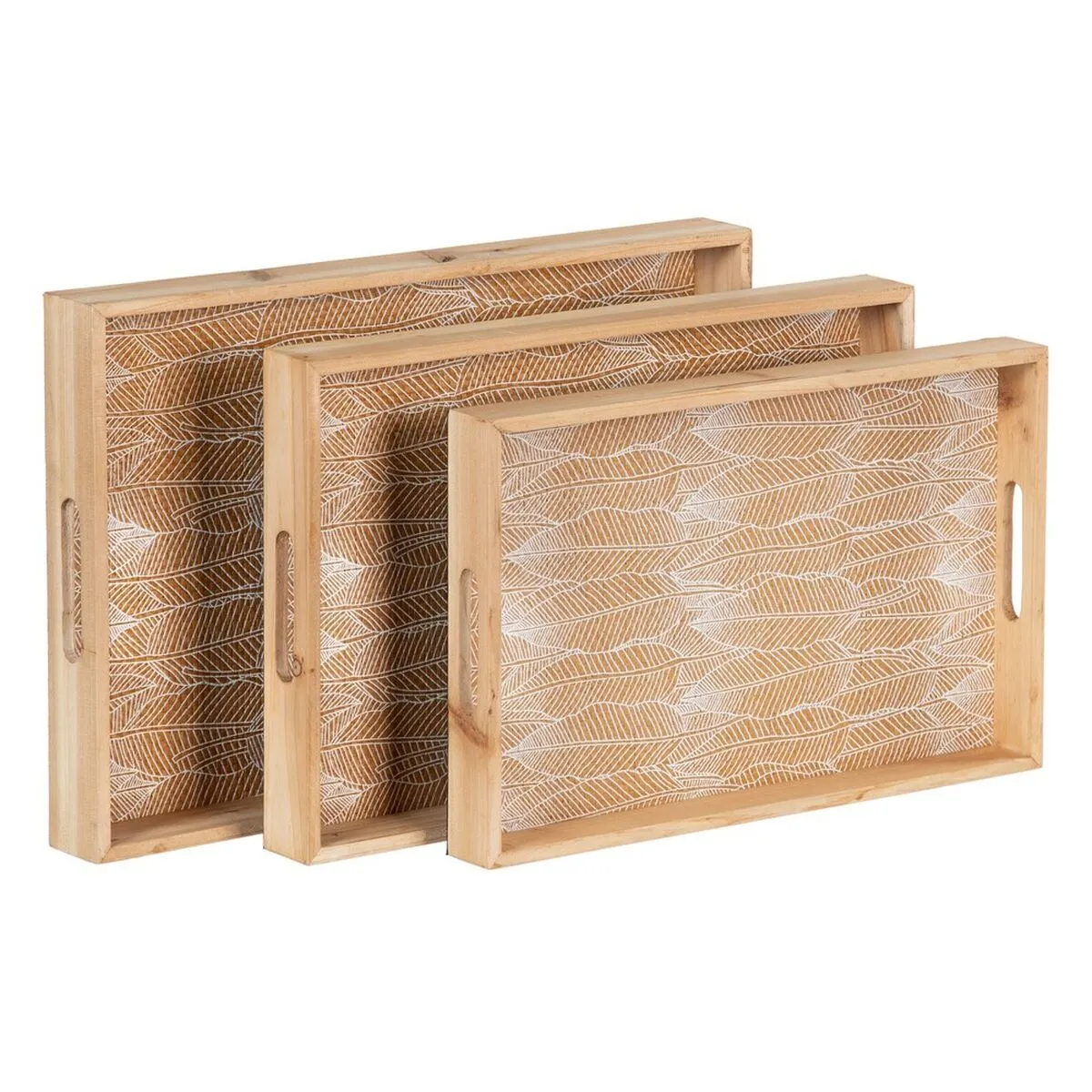 Vassoio per aperitivi 45 x 31 x 5 cm Fogli Naturale Legno Rattan 3 Pezzi