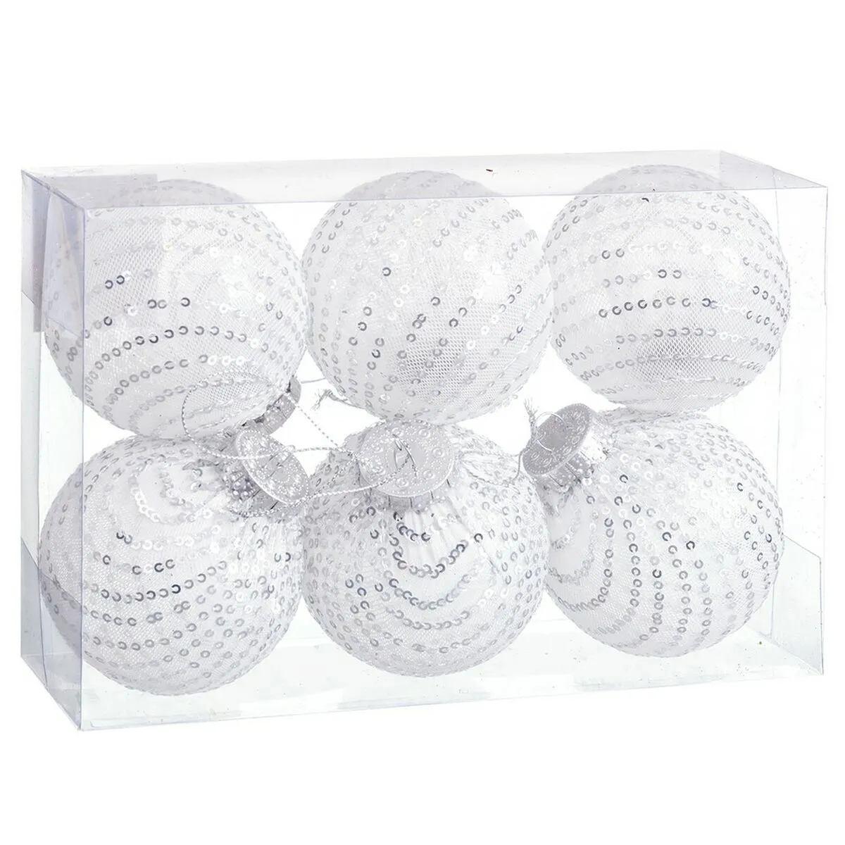 Palle di Natale Bianco Argentato Plastica Tessuto Paillettes 8 x 8 x 8 cm (6 Unità)