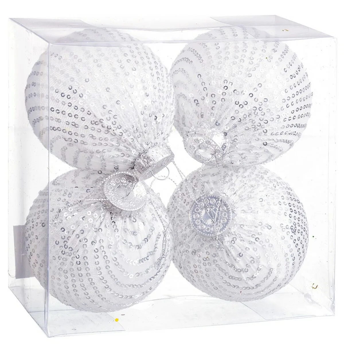 Palle di Natale Bianco Argentato Plastica Tessuto Paillettes 10 x 10 x 10 cm (4 Unità)