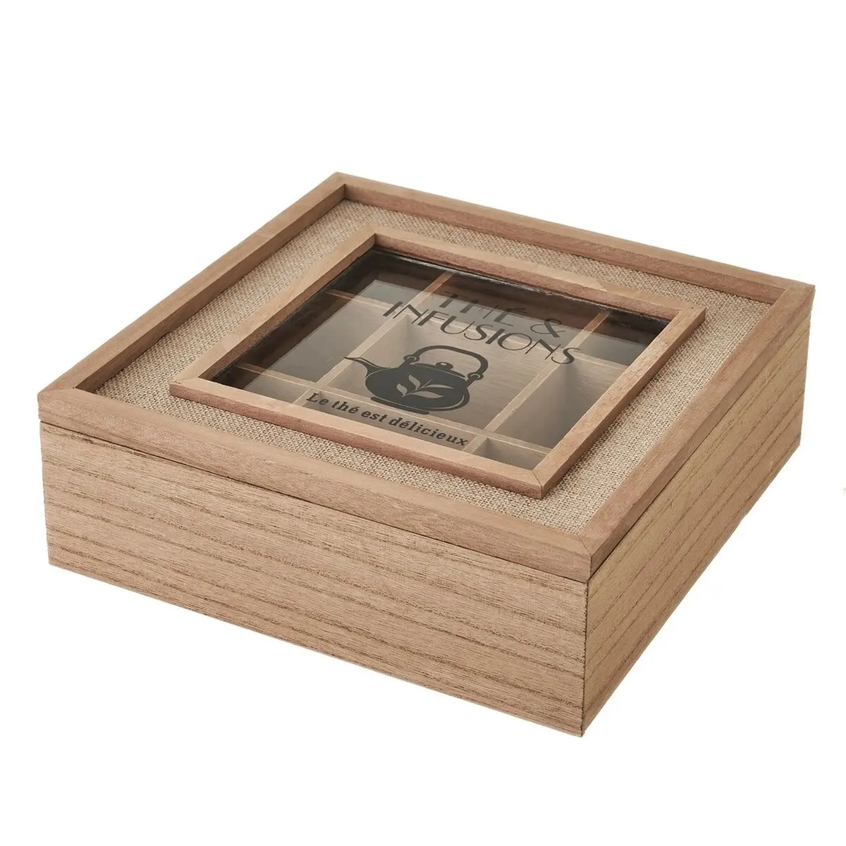 Scatola per Infusioni Naturale Cristallo Pino Legno MDF 24 x 24 x 8 cm