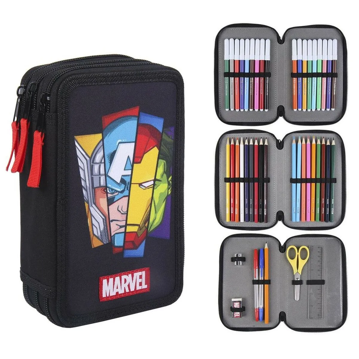 Astuccio per la Scuola con Accessori The Avengers 43 Pezzi Nero (12,5 x 6,5 x 19,5 cm)