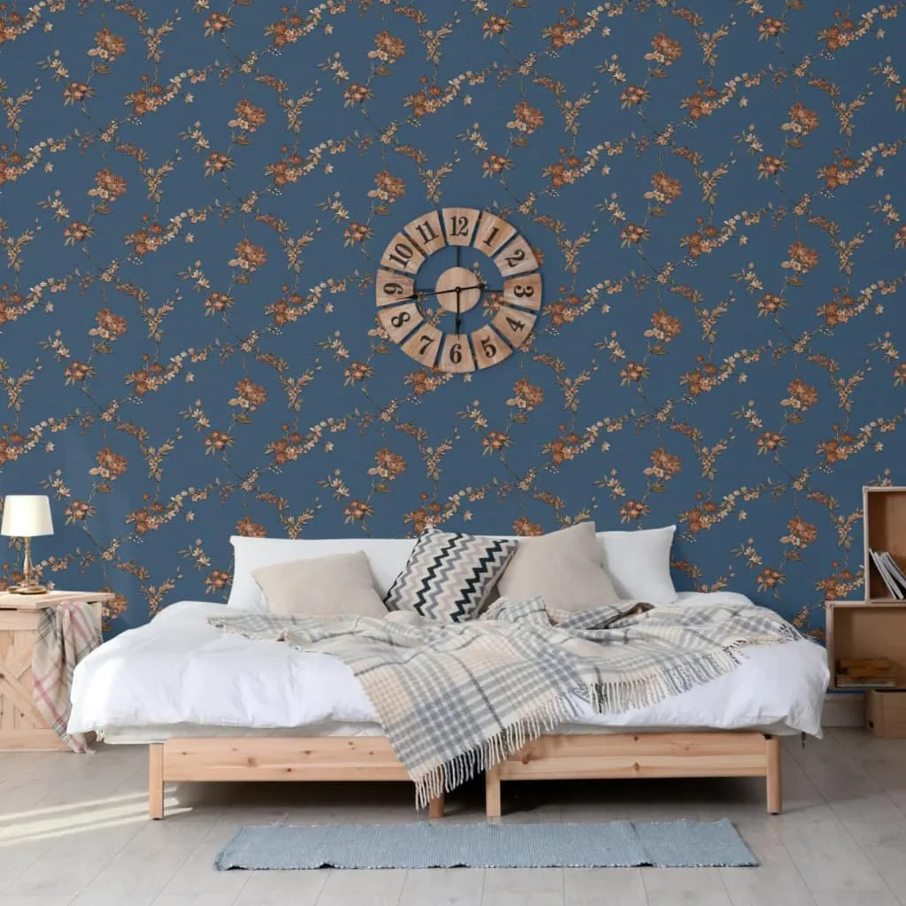 DUTCH WALLCOVERINGS Carta da Parati Flower Blu Scuro e Bronzo