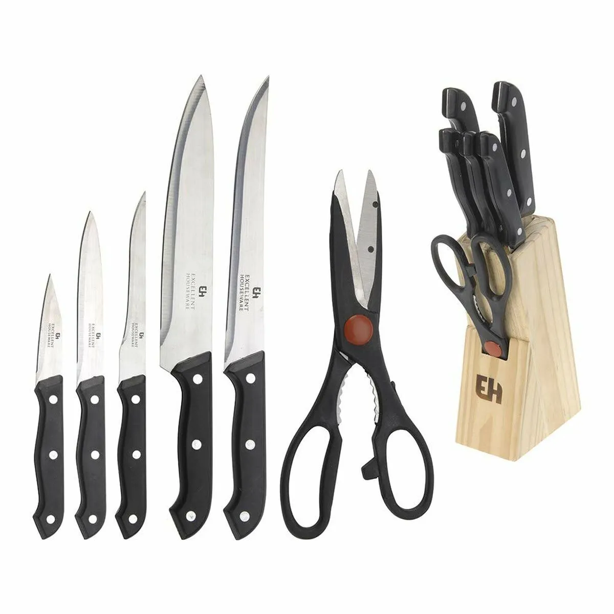 Set di Coltelli da Cucina con Supporto Excellent Houseware Forbicine 7 Pezzi Nero Legno Acciaio inossidabile polipropilene