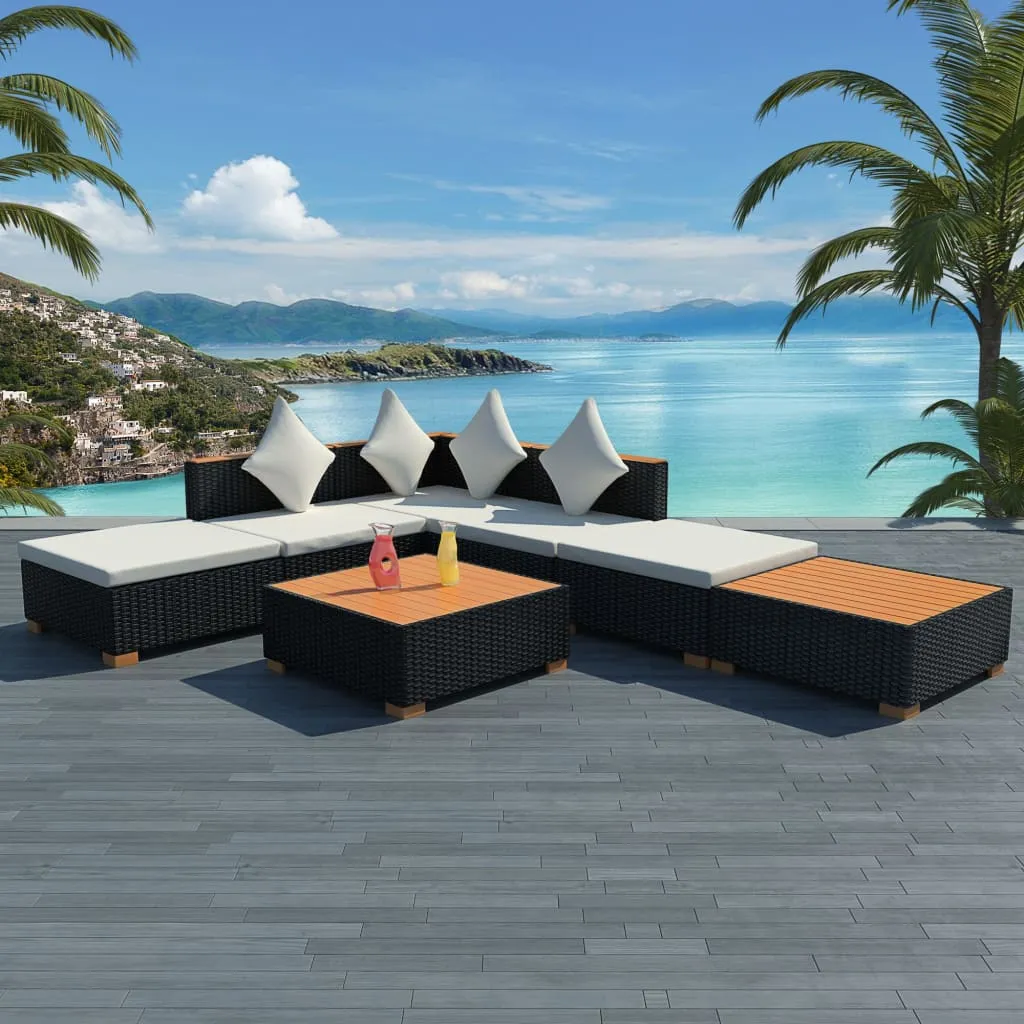 vidaXL Set Divani da Giardino 7 pz con Cuscini in Polyrattan Nero