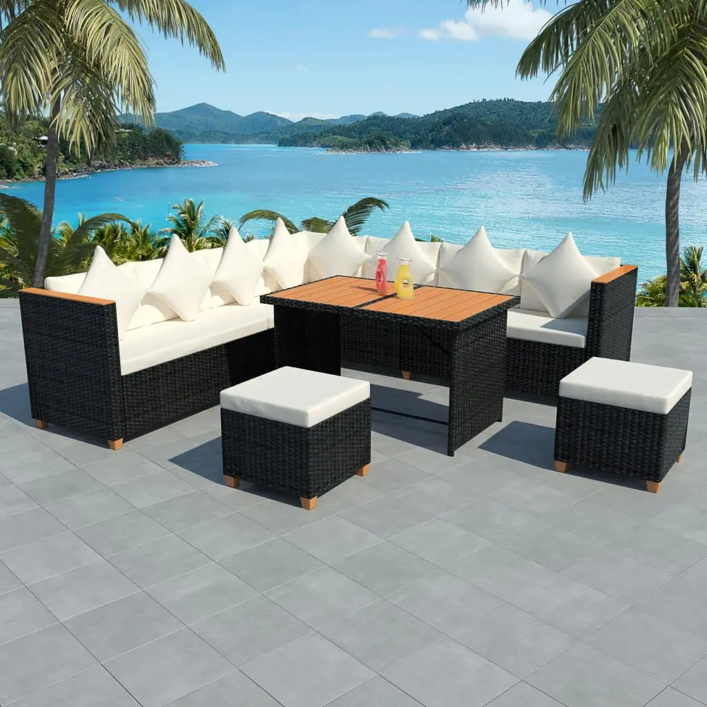 Set Divani da Giardino 7 pz con Cuscini in Polyrattan Nero