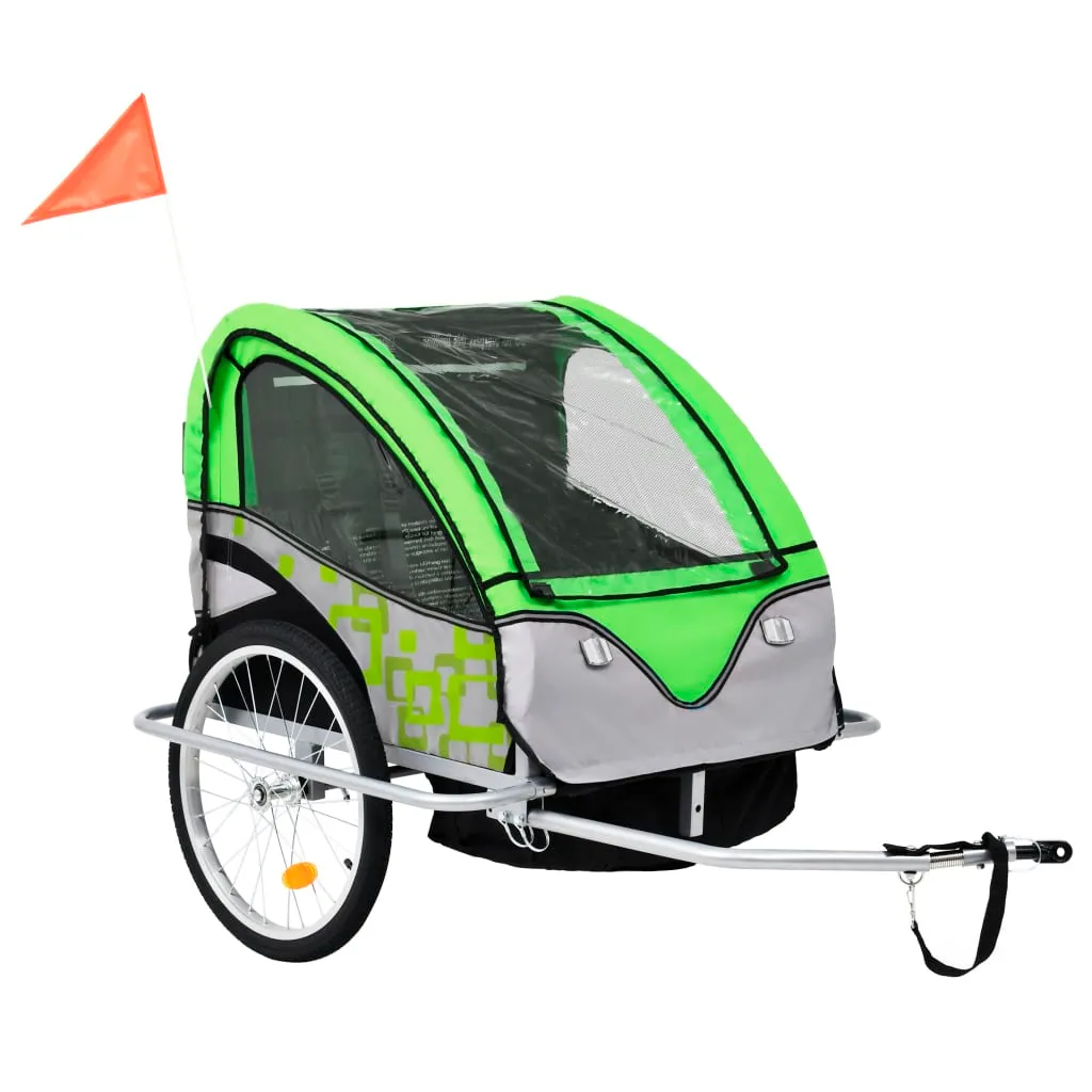 vidaXL Rimorchio Bici per Bambini e Passeggino 2 in 1 Verde e Grigio