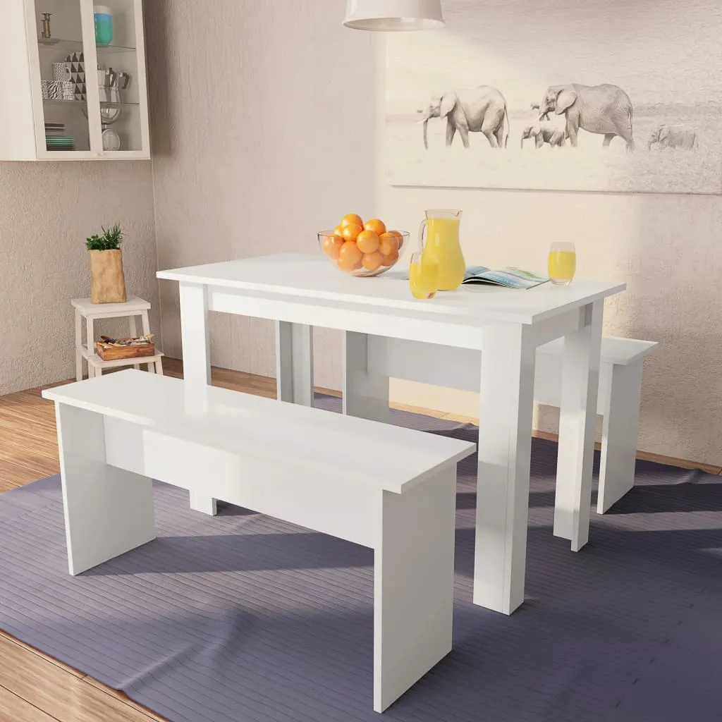 vidaXL Tavolo da Pranzo e Panche 3 pz in Legno Multistrato Bianco