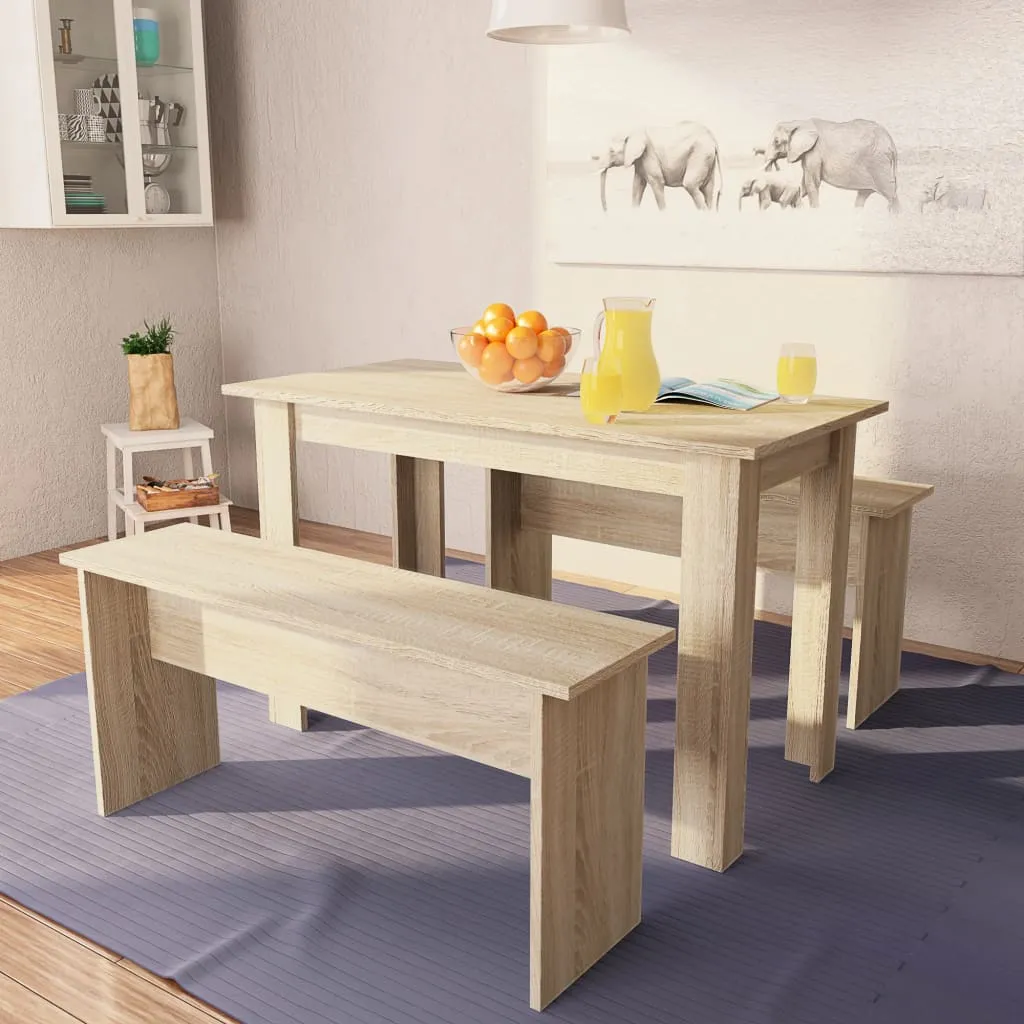 vidaXL Tavolo da Pranzo e Panche 3 pz in Legno Multistrato Rovere