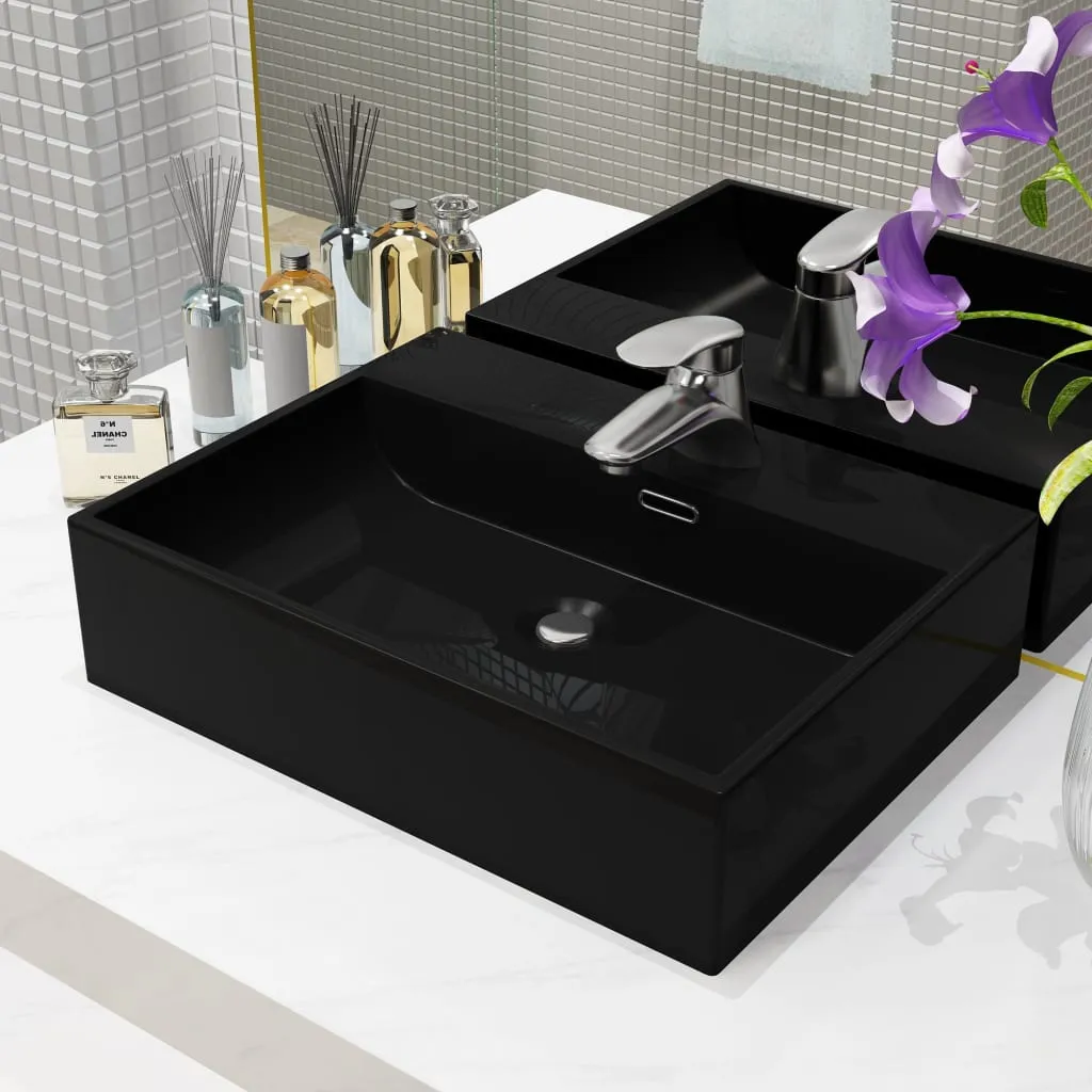 vidaXL Lavandino con Foro Rubinetto in Ceramica Nero 51,5x38,5x15 cm