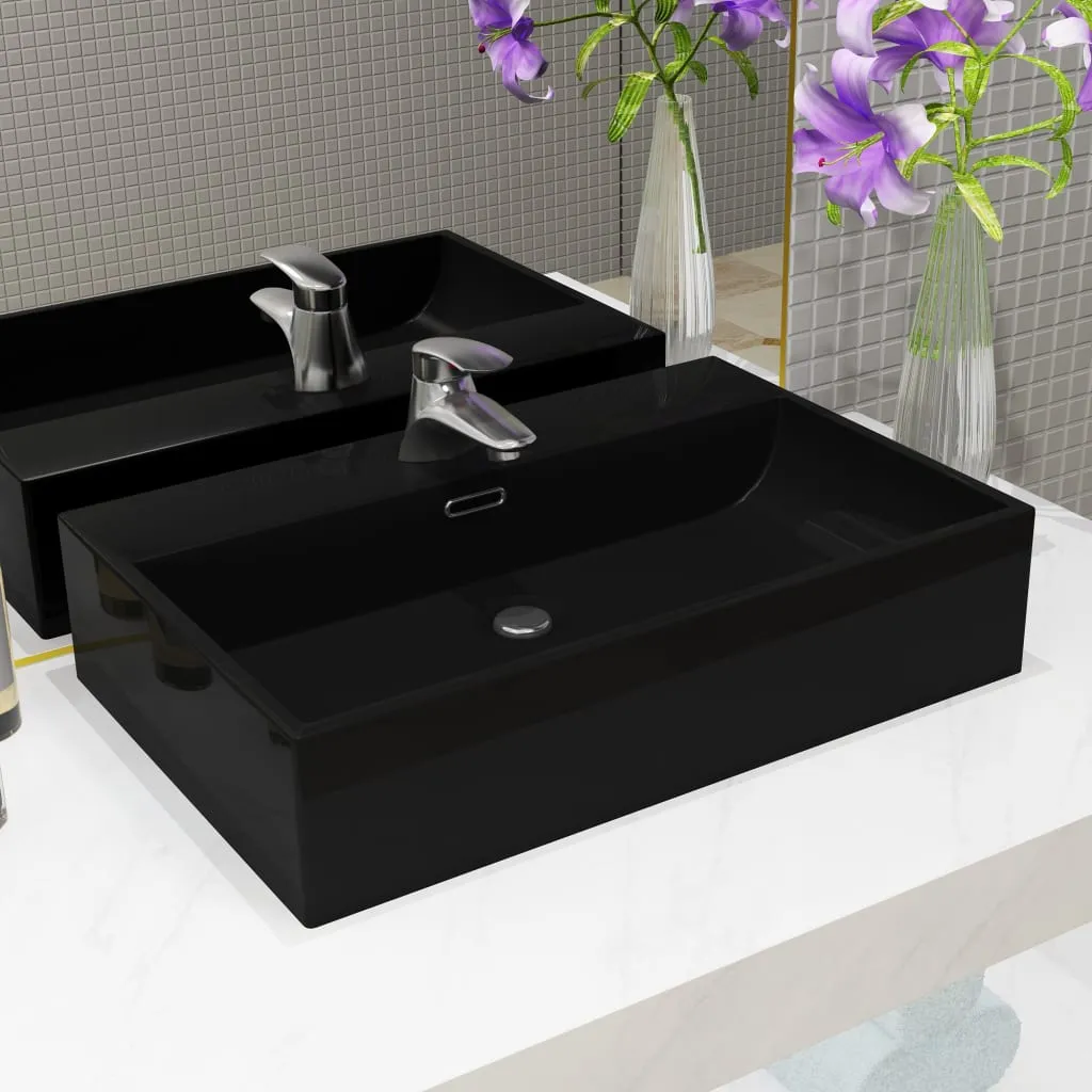 vidaXL Lavandino con Foro Rubinetto Ceramica Nero 60,5x42,5x14,5 cm