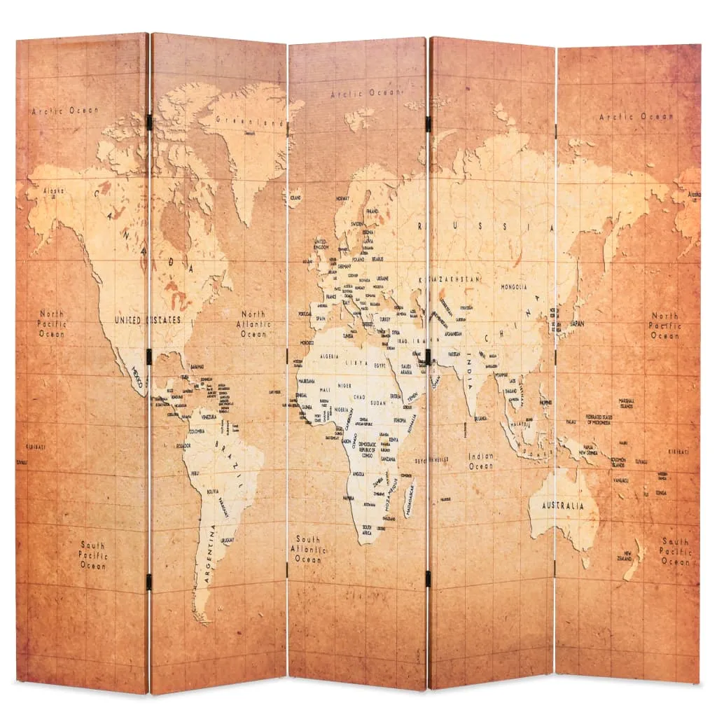 vidaXL Paravento Pieghevole 200x170 cm Stampa Mappa del Mondo Giallo