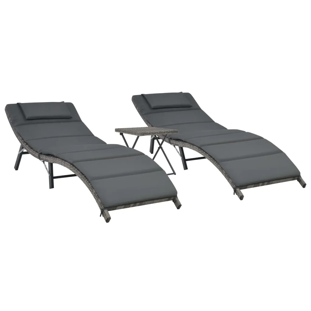 vidaXL Set Lettini da Giardino 3 pz Pieghevoli in Polyrattan Grigio